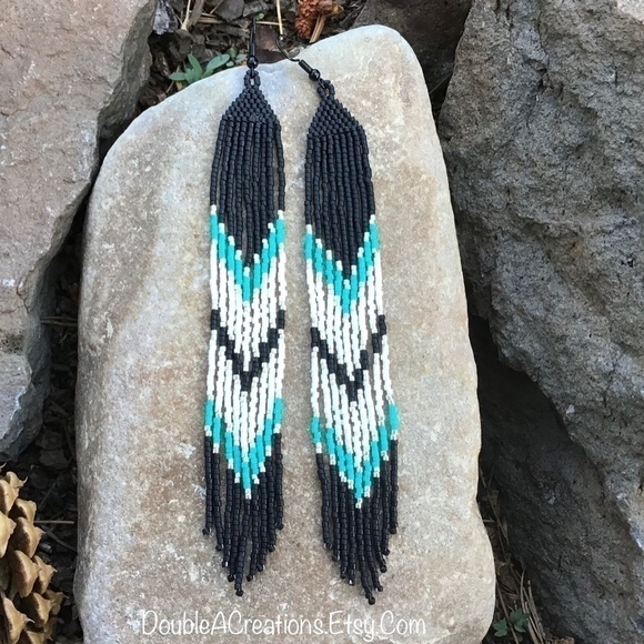 Black and Turquoise Fringed Long Earrings, New, Handmade by Me - Picture 4 of 10